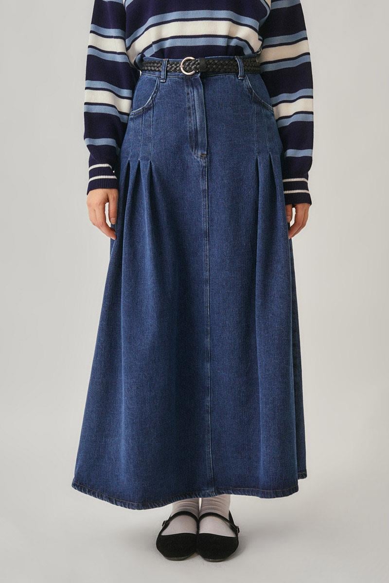 Pile Detaylı Denim Etek Açık Mavi