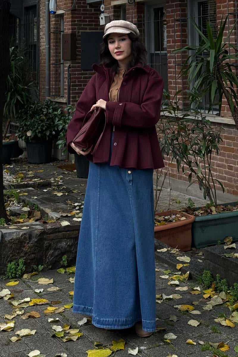 Pileli Kısa Kaban Bordo