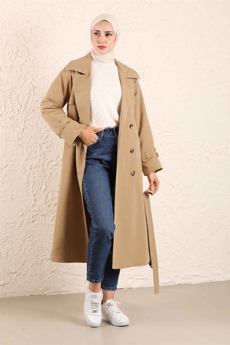 Retro Klasik Trenç Camel