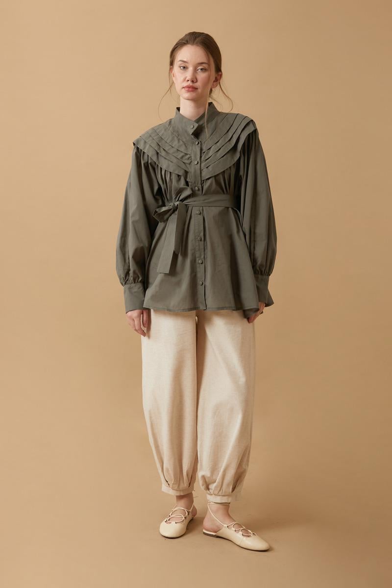 Roza Nervürlü Gömlek Haki