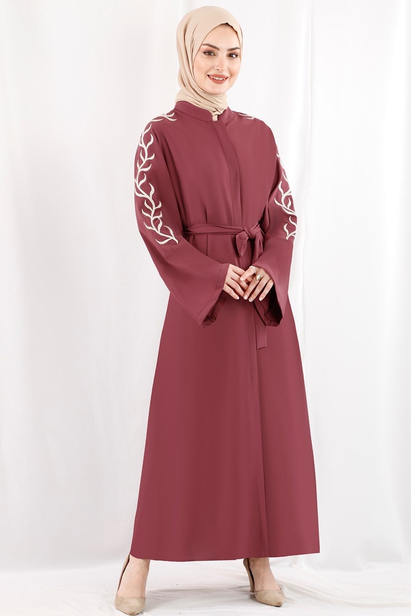 Sarmaşık Nakışlı Gül Kurusu Abaya