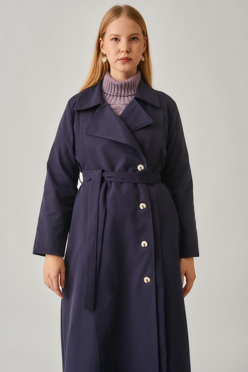 Şerit Dikiş Detaylı Trençkot Lacivert