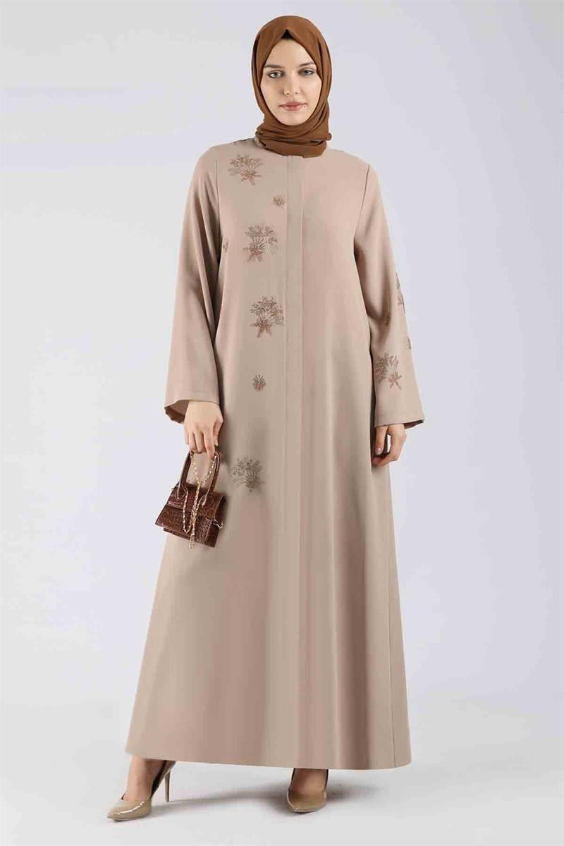 Taş Baskılı Abaya Bej