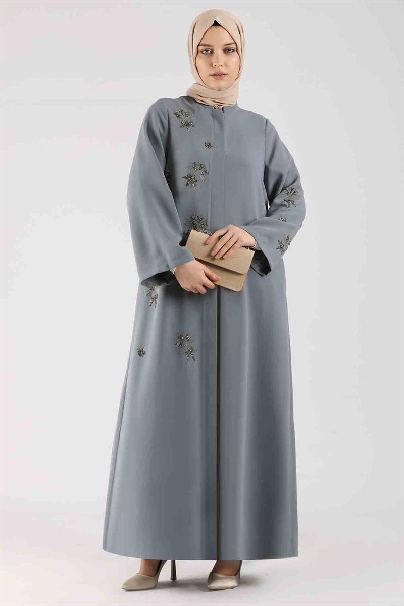 Taş Baskılı Abaya Koyu Gri