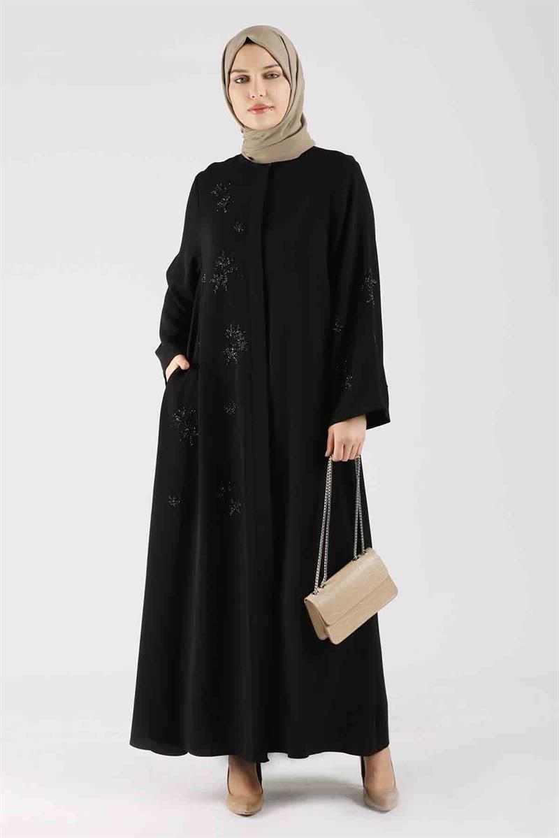 Taş Baskılı Abaya Siyah