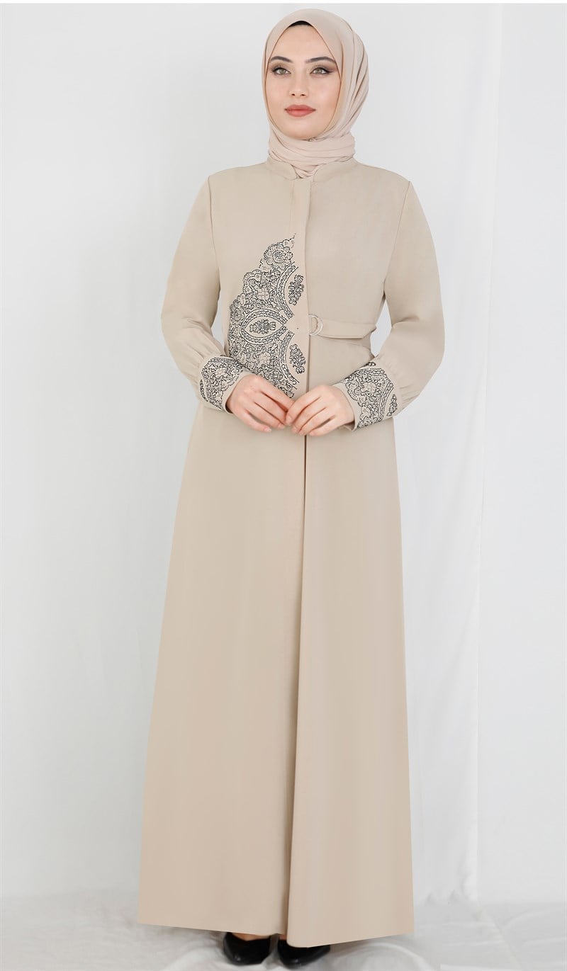 Taş Desenli Bej Ferace