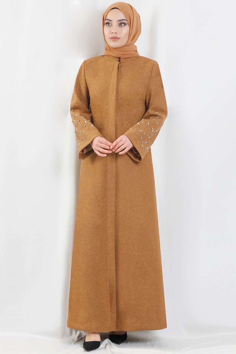 Taş İşlemeli Kaşe Kaban Camel