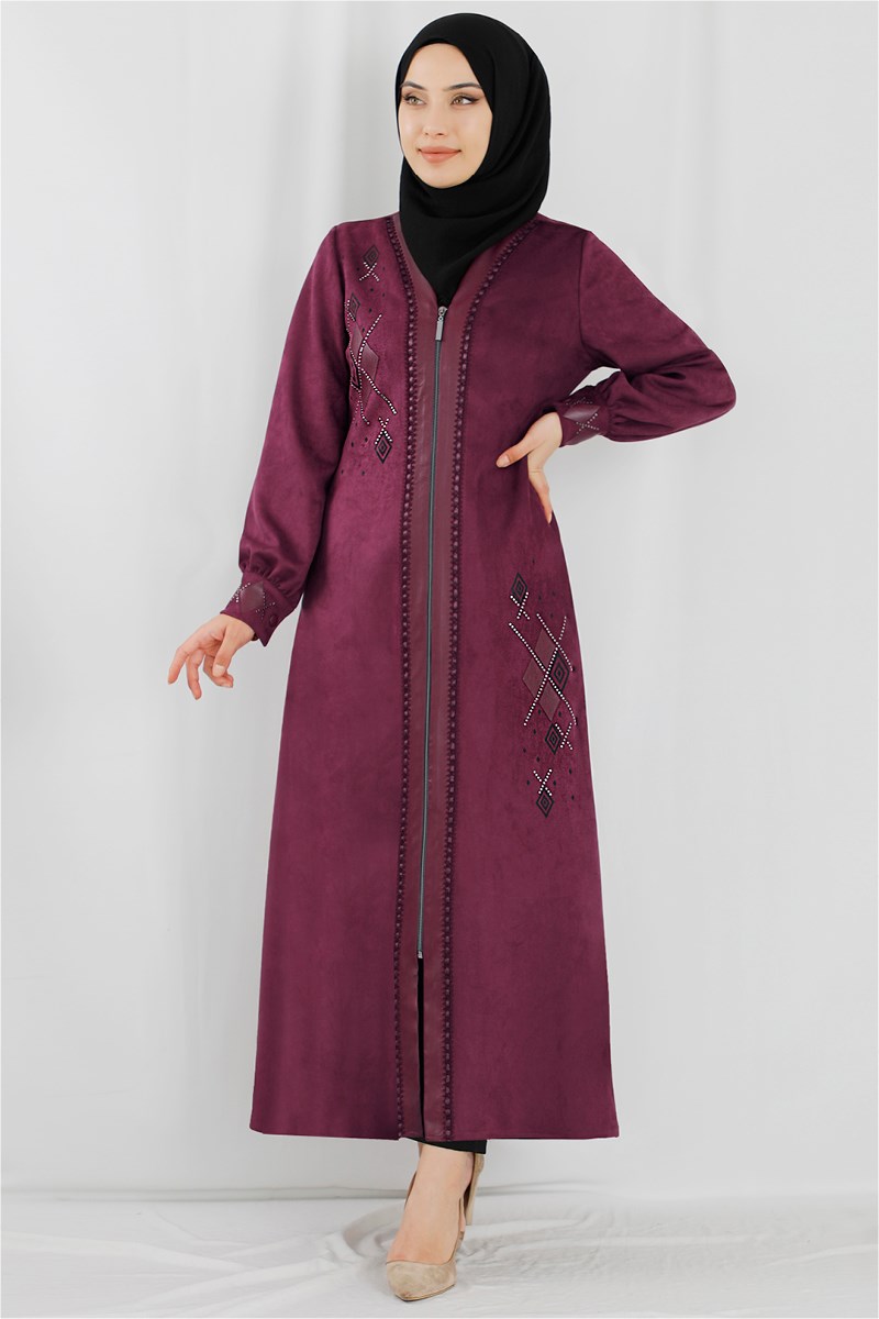 Taş İşlemeli Şarabi Süet Ferace