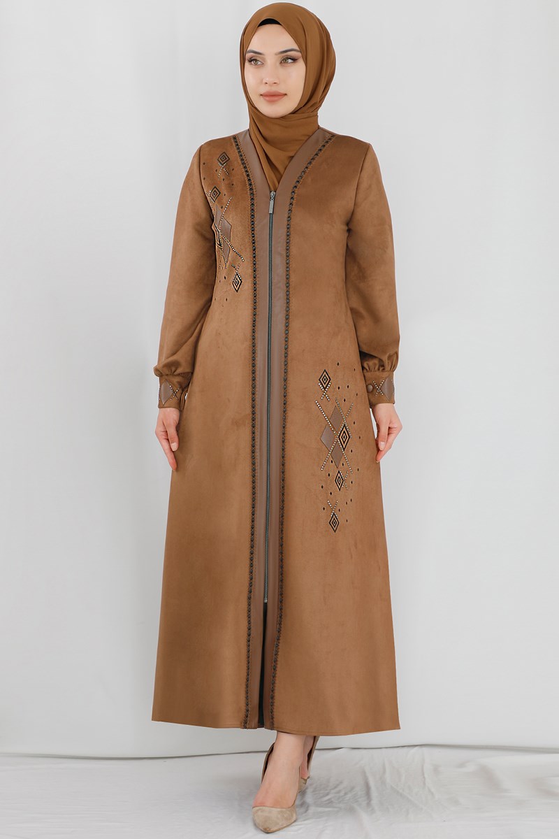 Taş İşlemeli Taba Süet Ferace