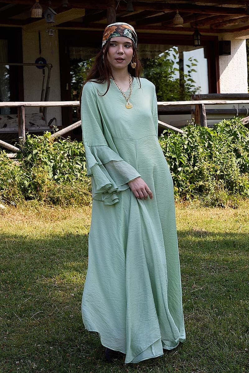 Tencel Kolu Volanlı Elbise 