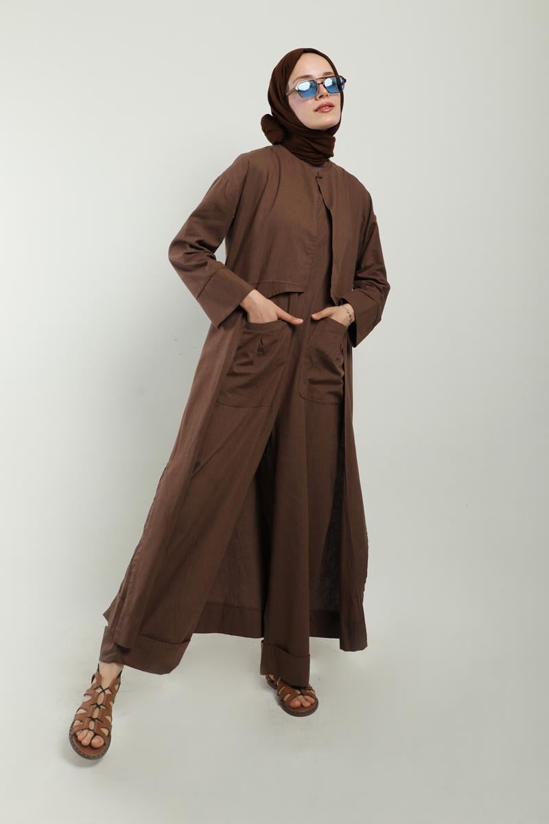 Tulumlu Abaya Takım Kahvrengi