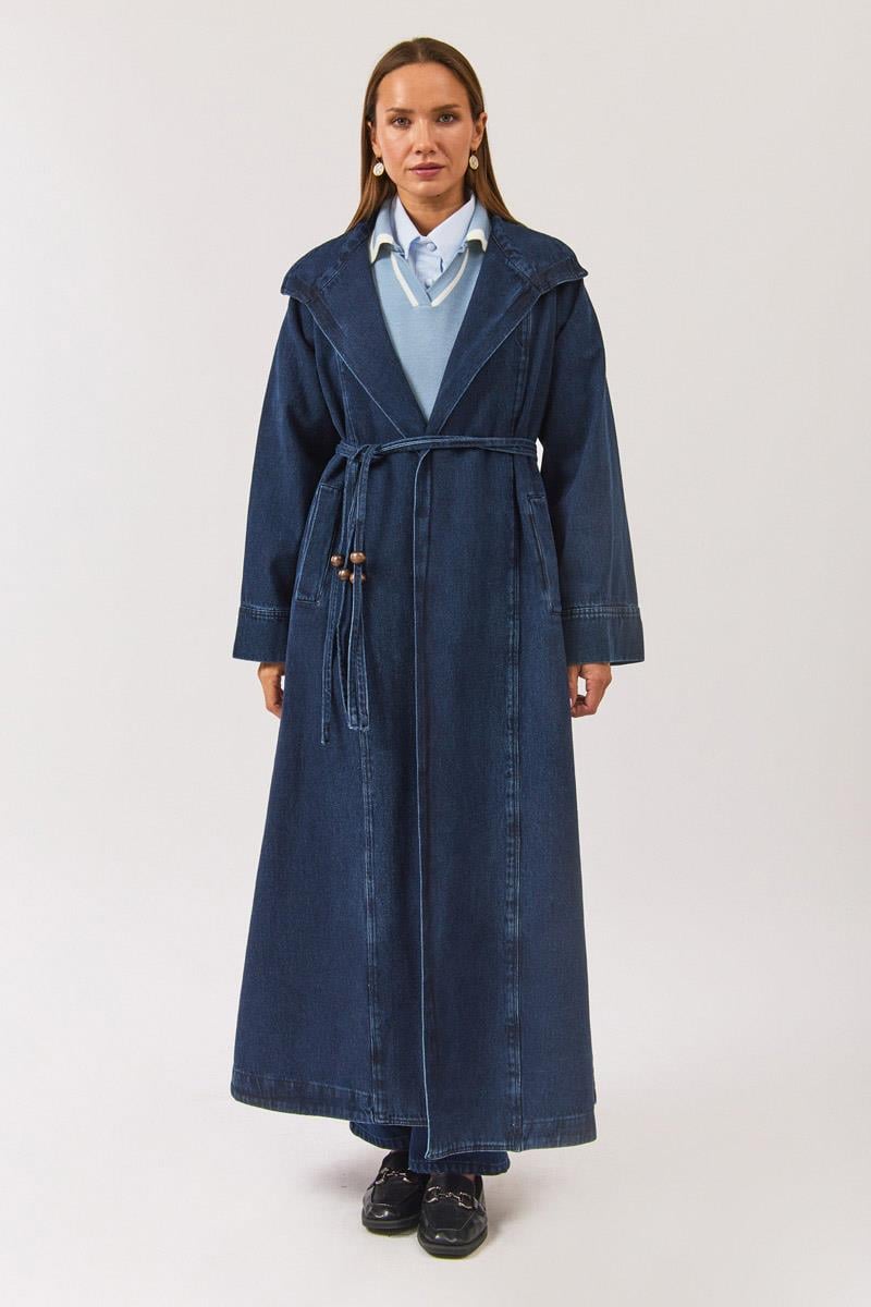 Uzun Kruvaze Denim Trençkot Açık Mavi