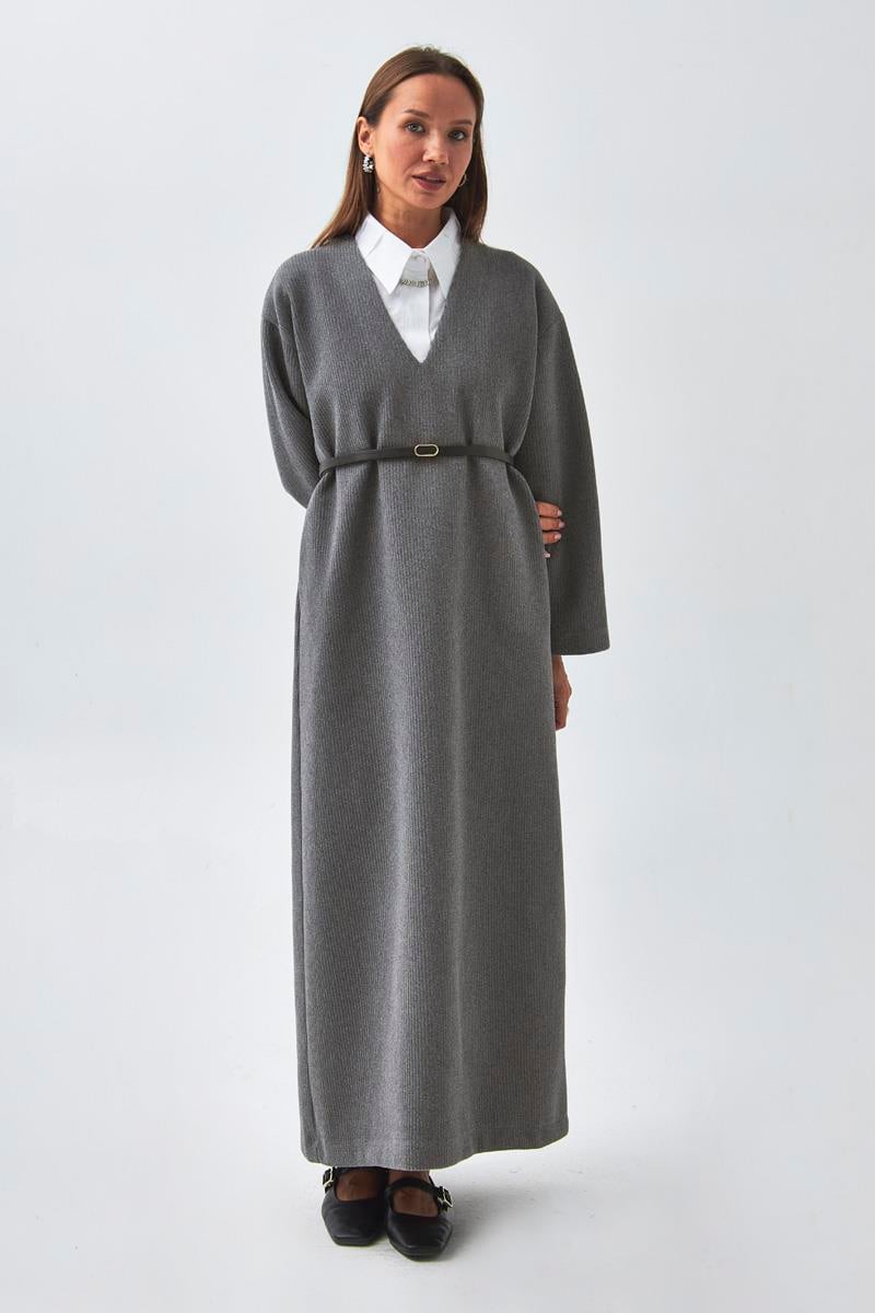 V Yaka Çizgi Dokulu Elbise Antrasit