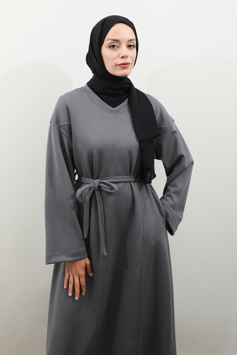V Yaka Sweat Elbise Antrasit