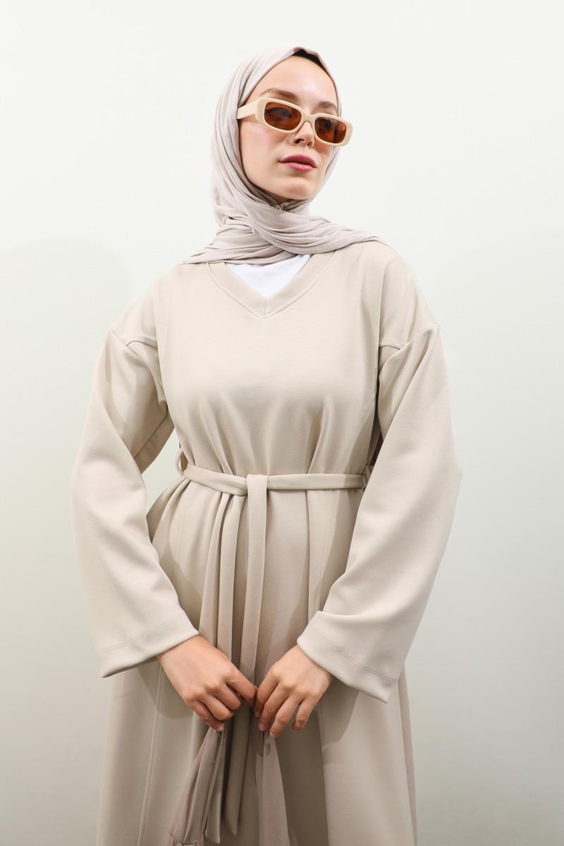 V Yaka Sweat Elbise Krem