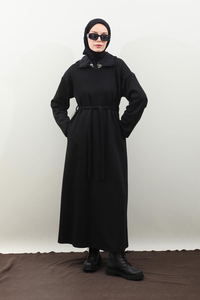 V Yaka Sweat Elbise Siyah