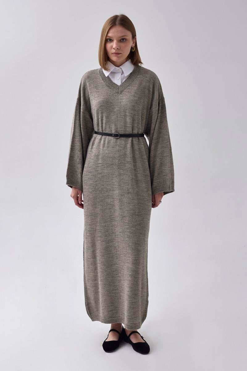 V Yaka Triko Elbise Toprak