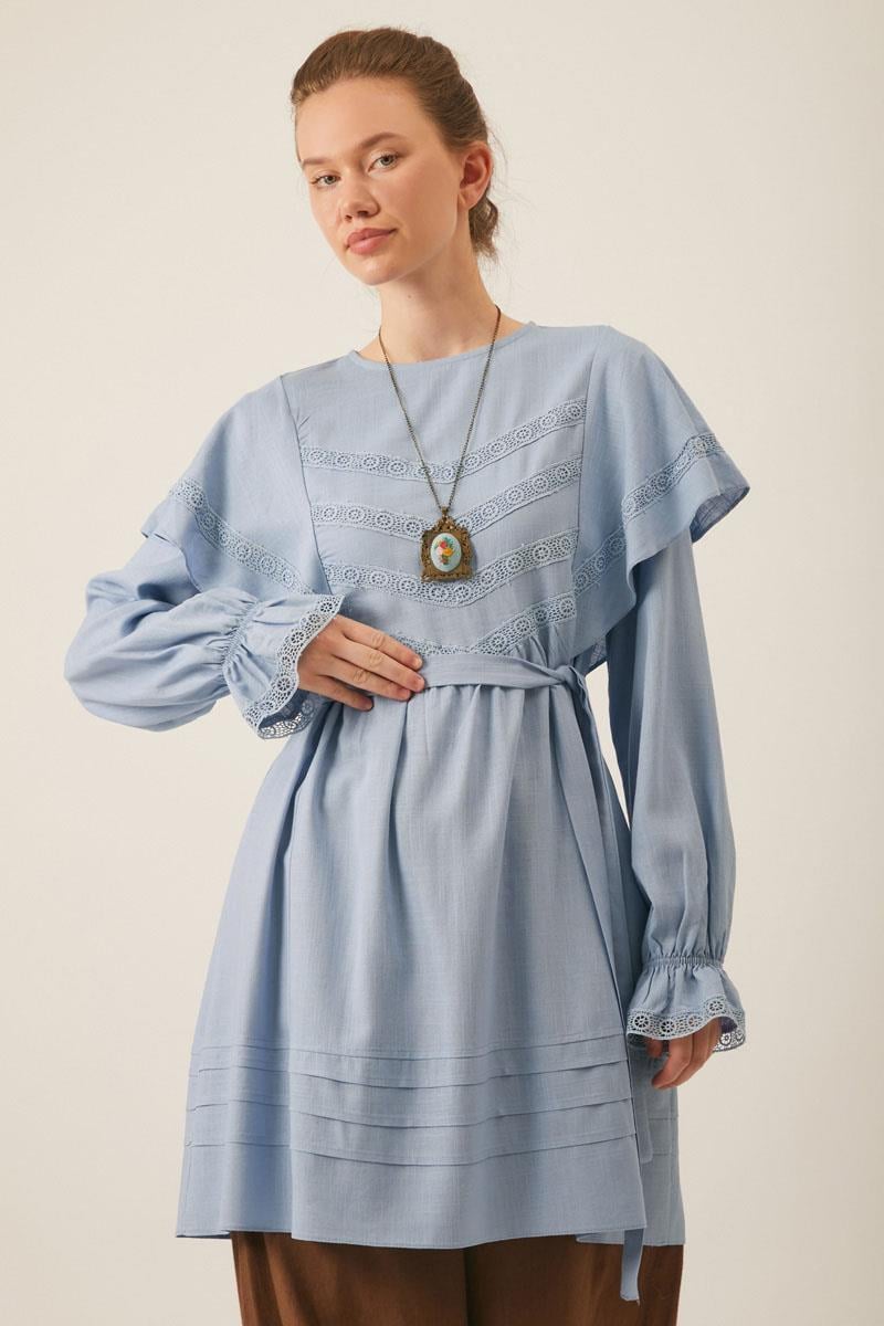 Volan Detaylı Dantelli Tunik Bebe Mavisi