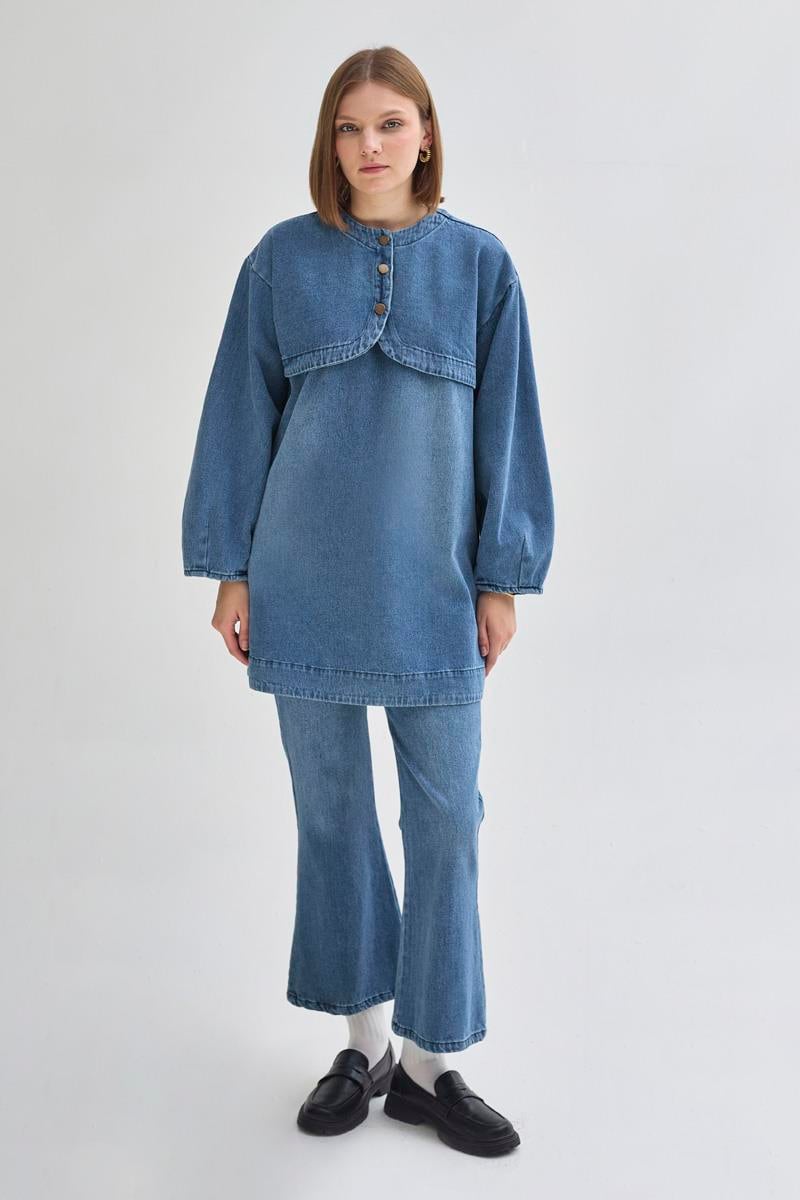 Yarım Düğmeli Denim Tunik Açık Mavi