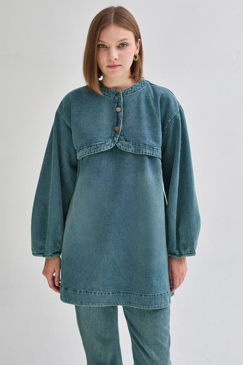 Yarım Düğmeli Denim Tunik Yeşil Tintli
