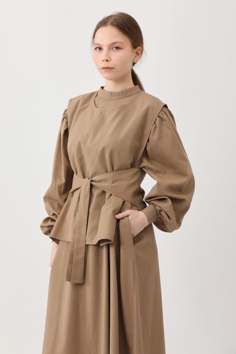 Yeleği Bağlamalı Elbise Takım Camel