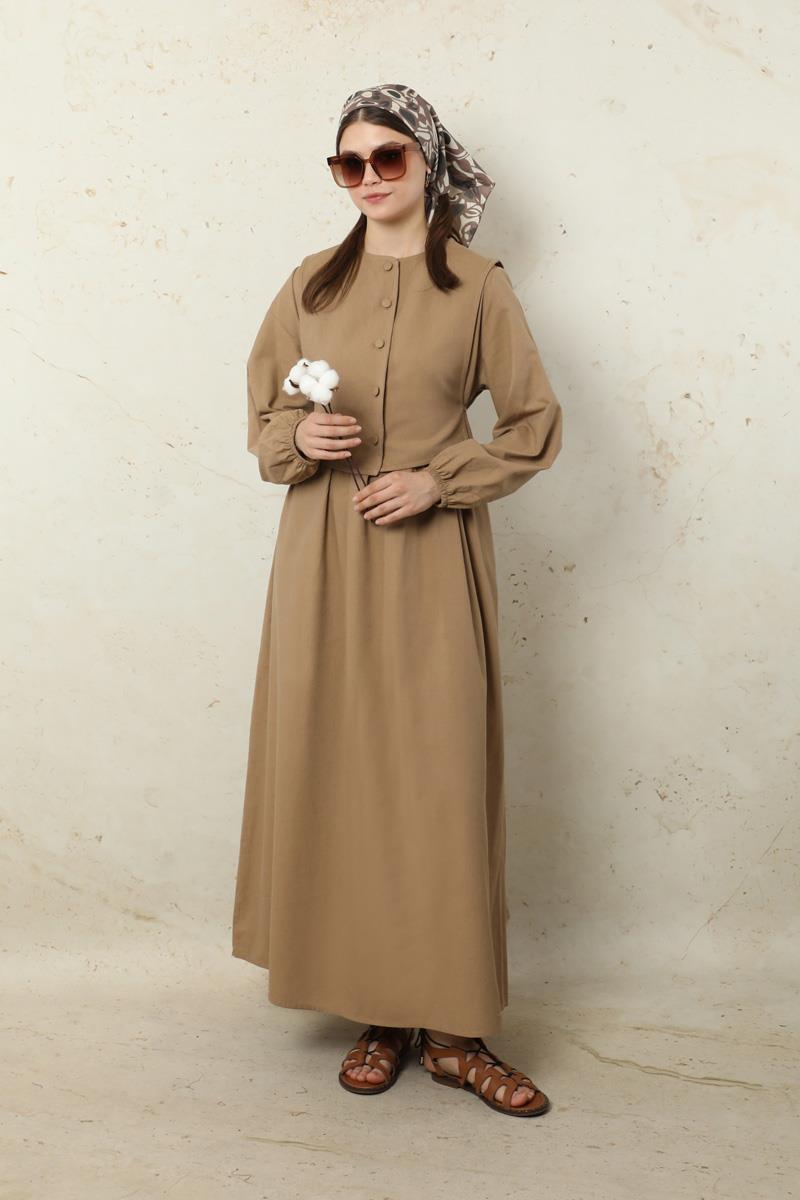 Yelekli Keten Elbise Camel
