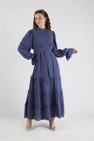 Dökümlü Fırfırlı Elbise Lacivert