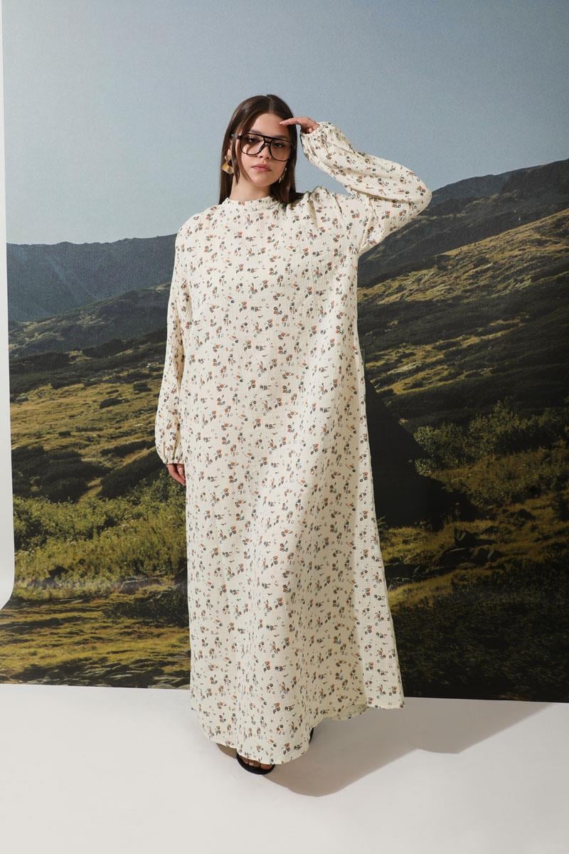 Floral Patterned Muslin Dress Orange