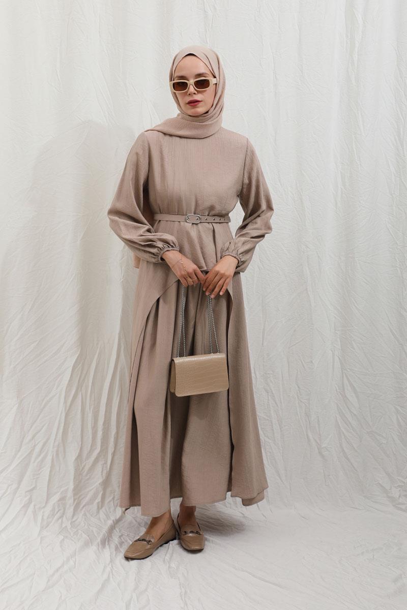 Oval Tunikli Etek Takım Vizon