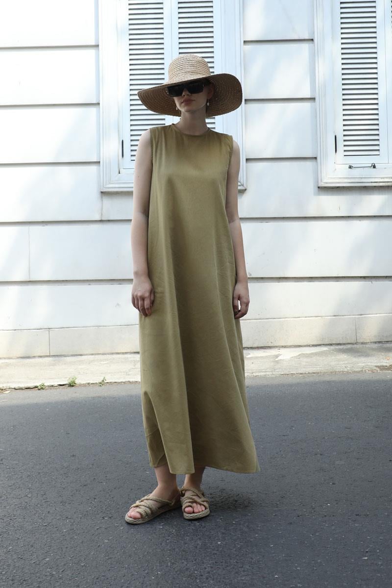 Sıfır Kol Keten Elbise Haki