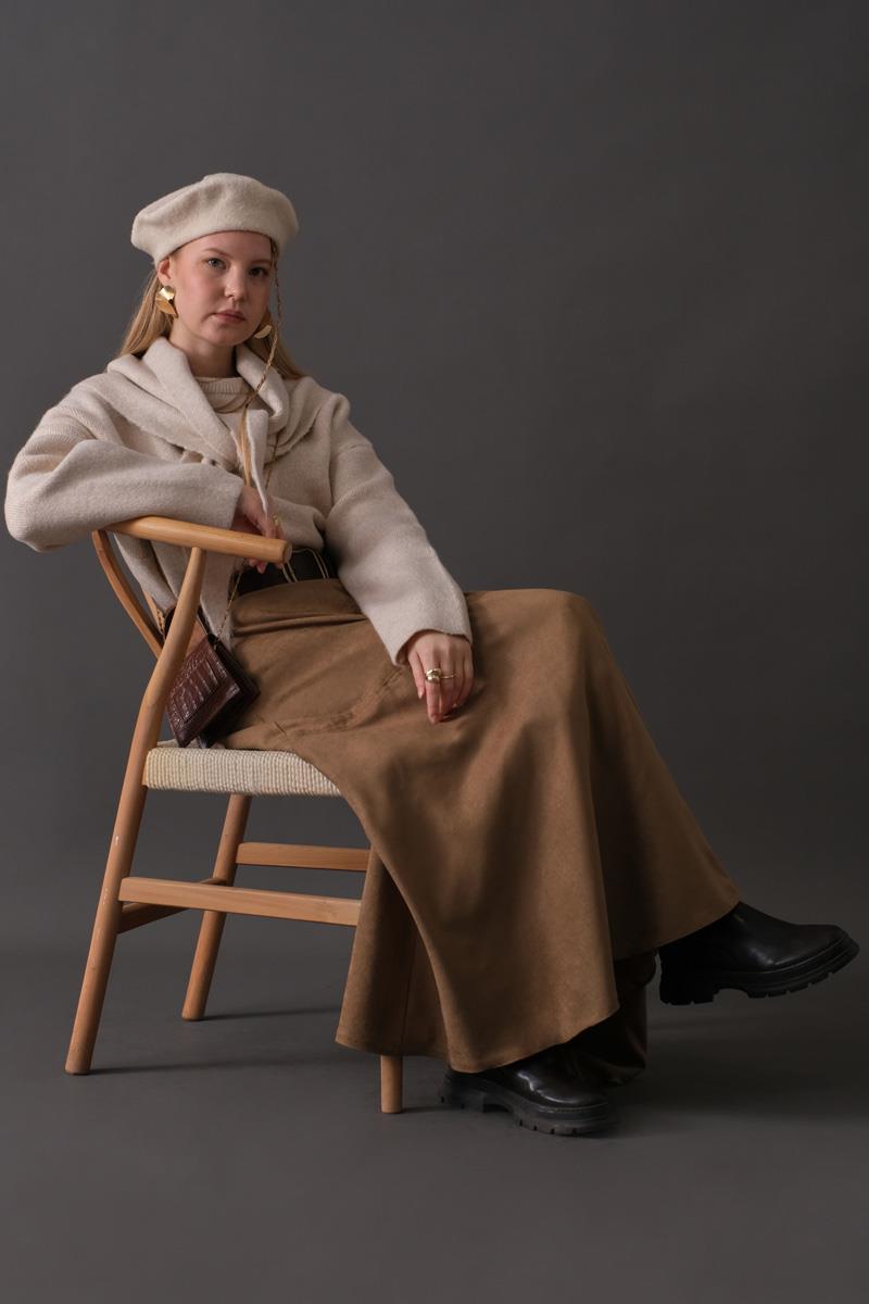  Parçalı Süet Etek Camel