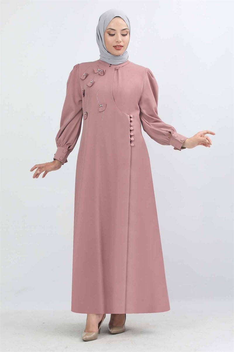  Taş İşlemeli Düğmeli Ferace Pudra