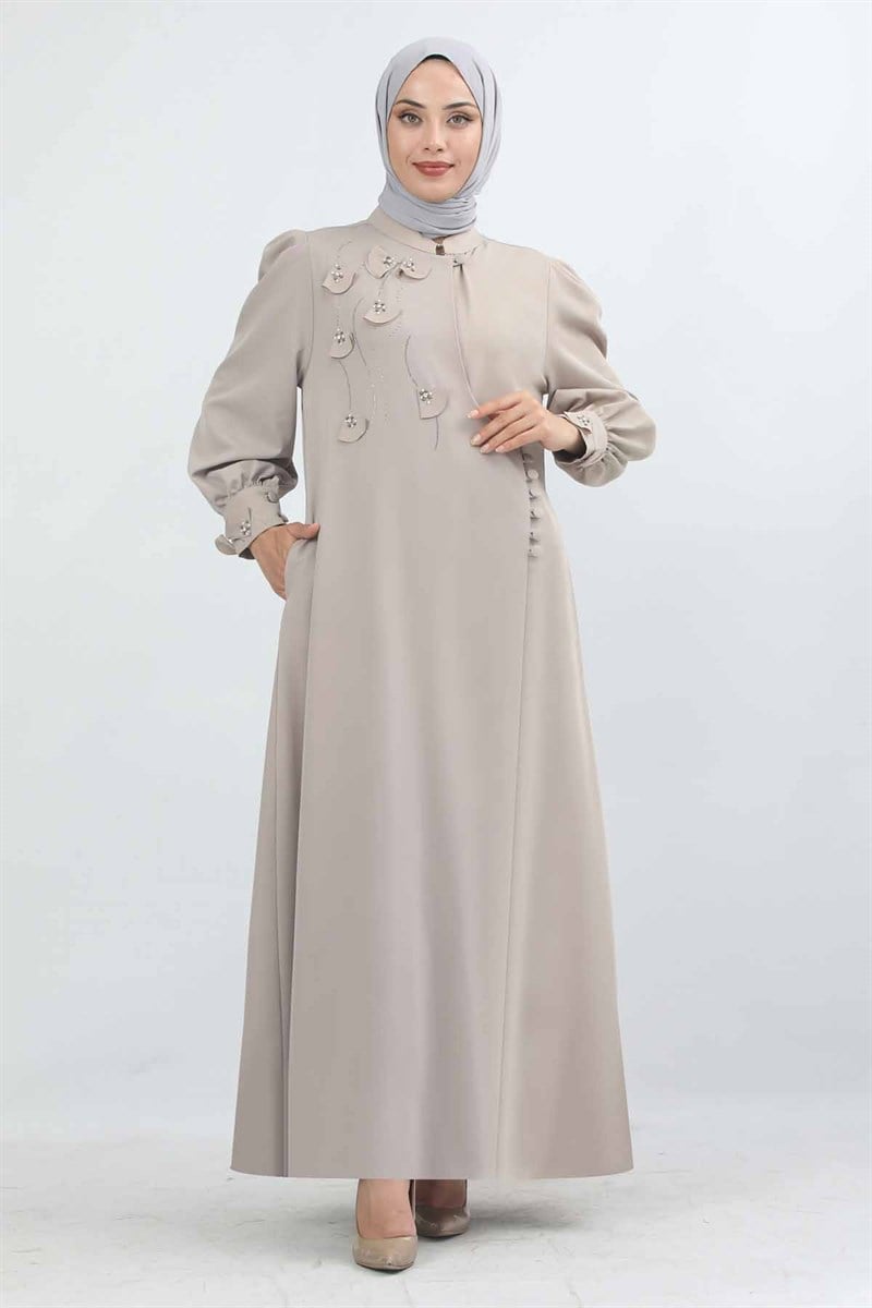  Taş İşlemeli Düğmeli Ferace Vizon