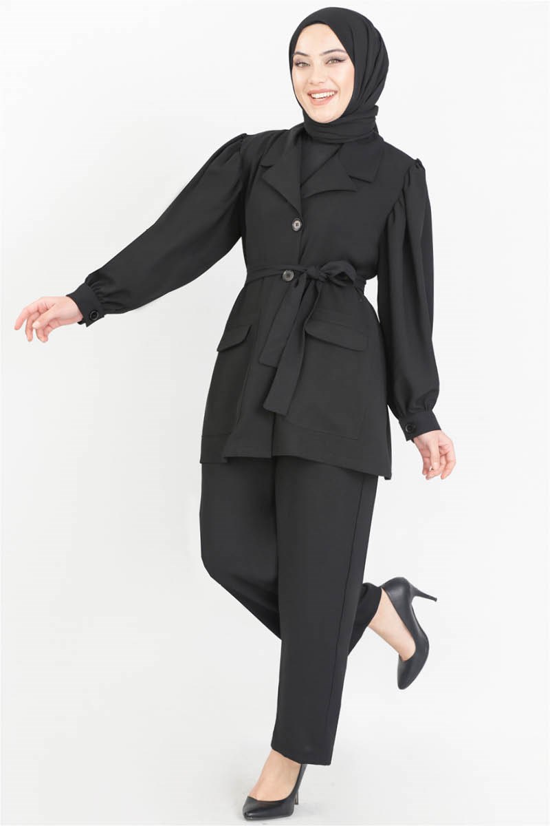 1076 Balloon Sleeve Jacket Pants Suit Black