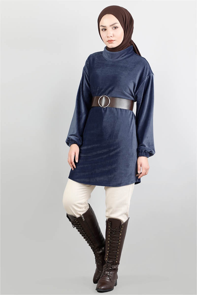 1098 Kadife Kemerli Mavi Tunik