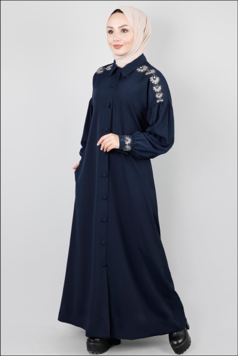 1180 Kolları Çiçek Desenli Lacivert Ferace