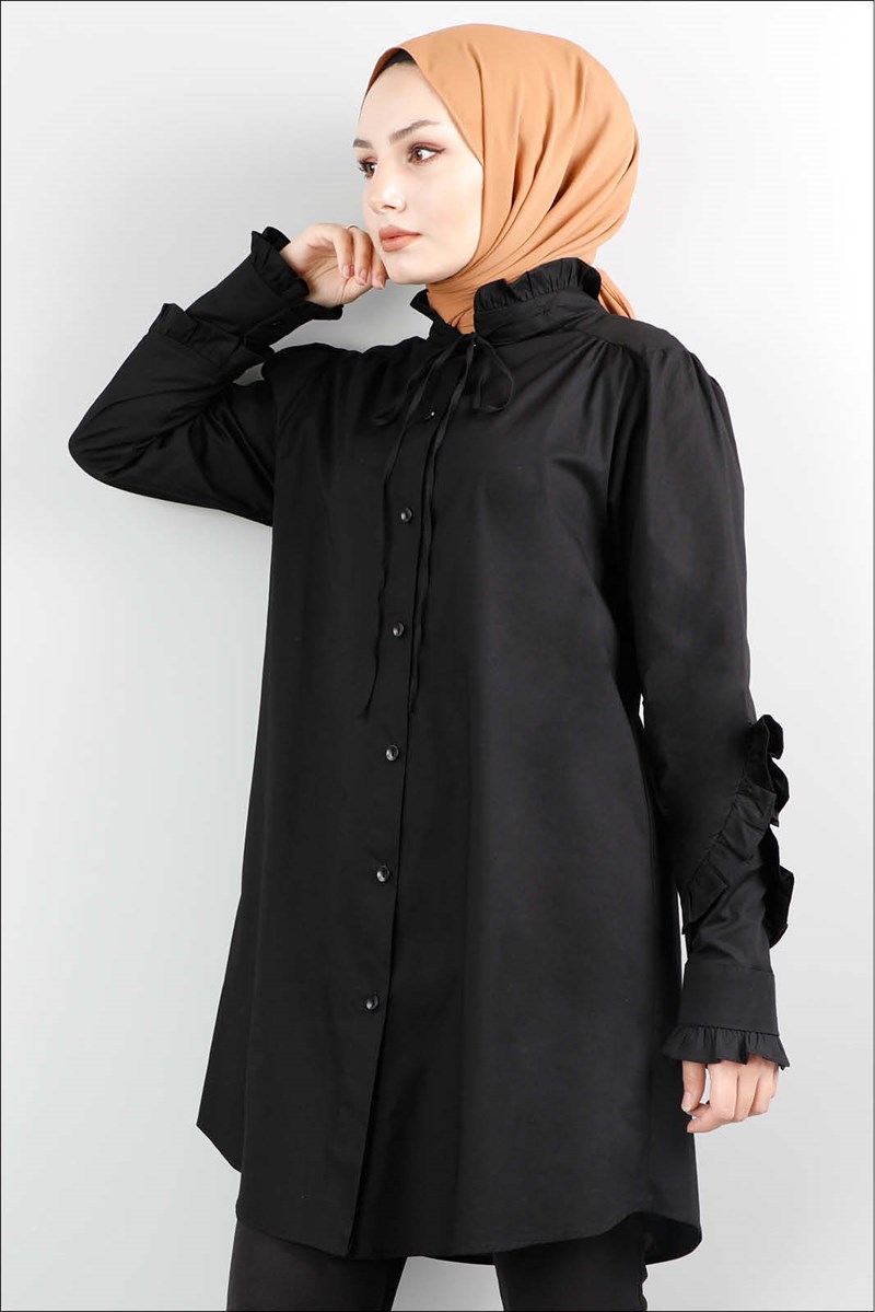 1218 Ruffle Siyah Gömlek