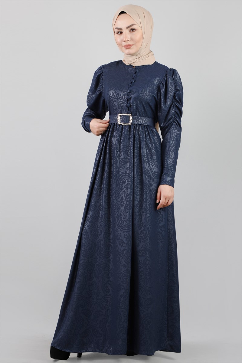 1321 Motif Desenli Lacivert Elbise