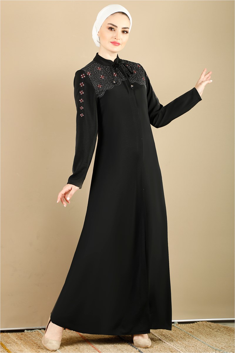 1332 Yonca Nakışlı Siyah Ferace