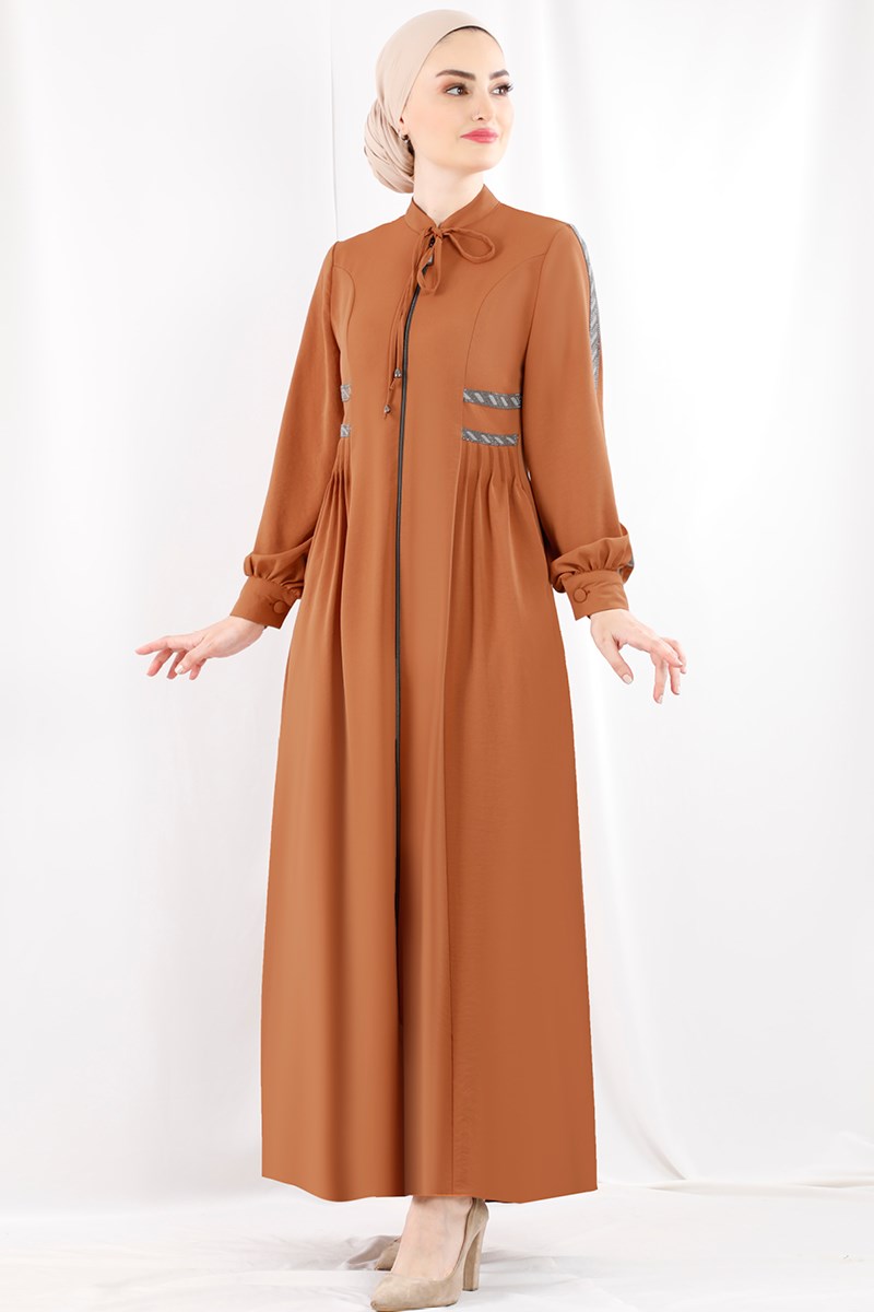 1334 Taş İşlemeli Şeritli Açık Kiremit Ferace