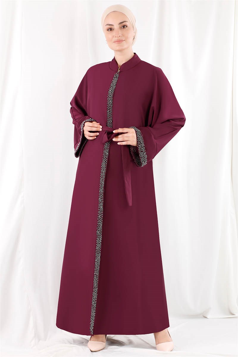1356 Taş Şeritli Belden Kuşaklı Bordo Abaya