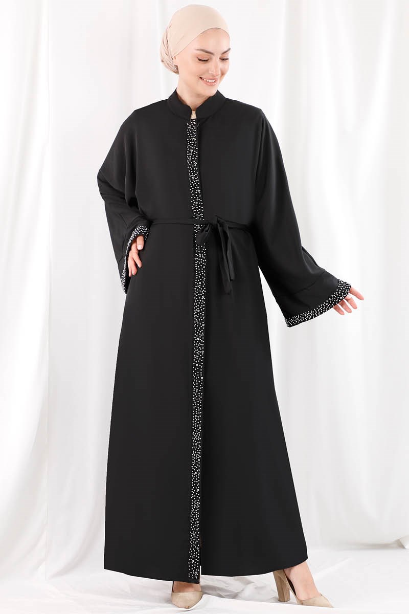1356 Taş Şeritli Belden Kuşaklı Siyah Abaya