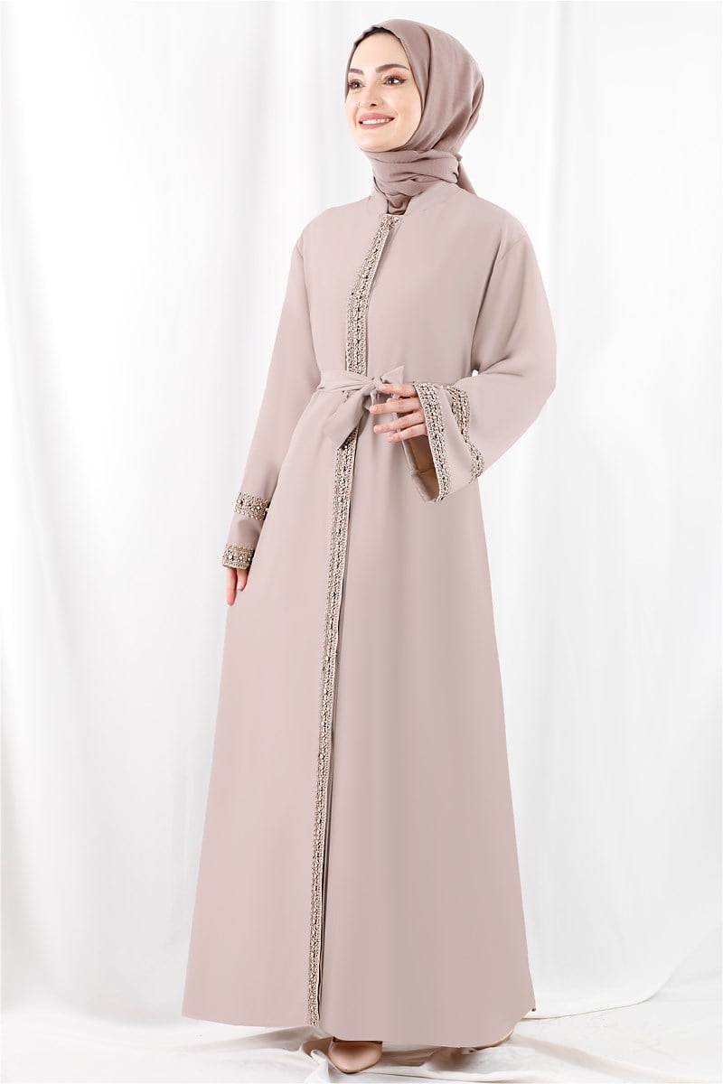 1365 Taşlı Dantel Şeritli Vizon Abaya