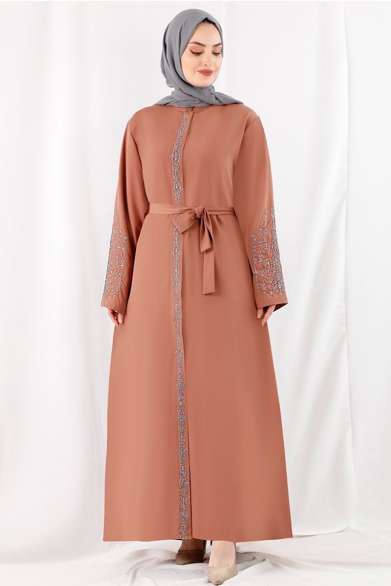 1367 Boydan İşlemeli Koyu Somon Abaya