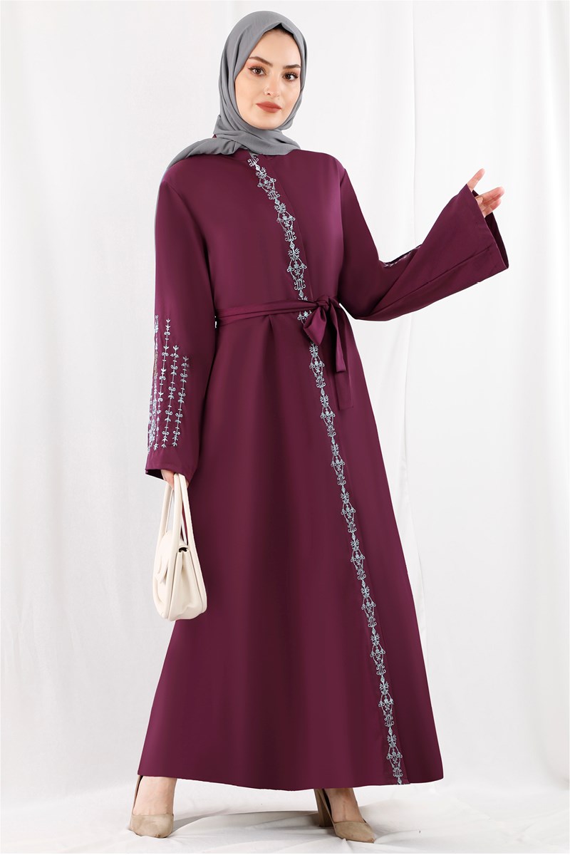 1367 Boydan İşlemeli Mürdüm Abaya