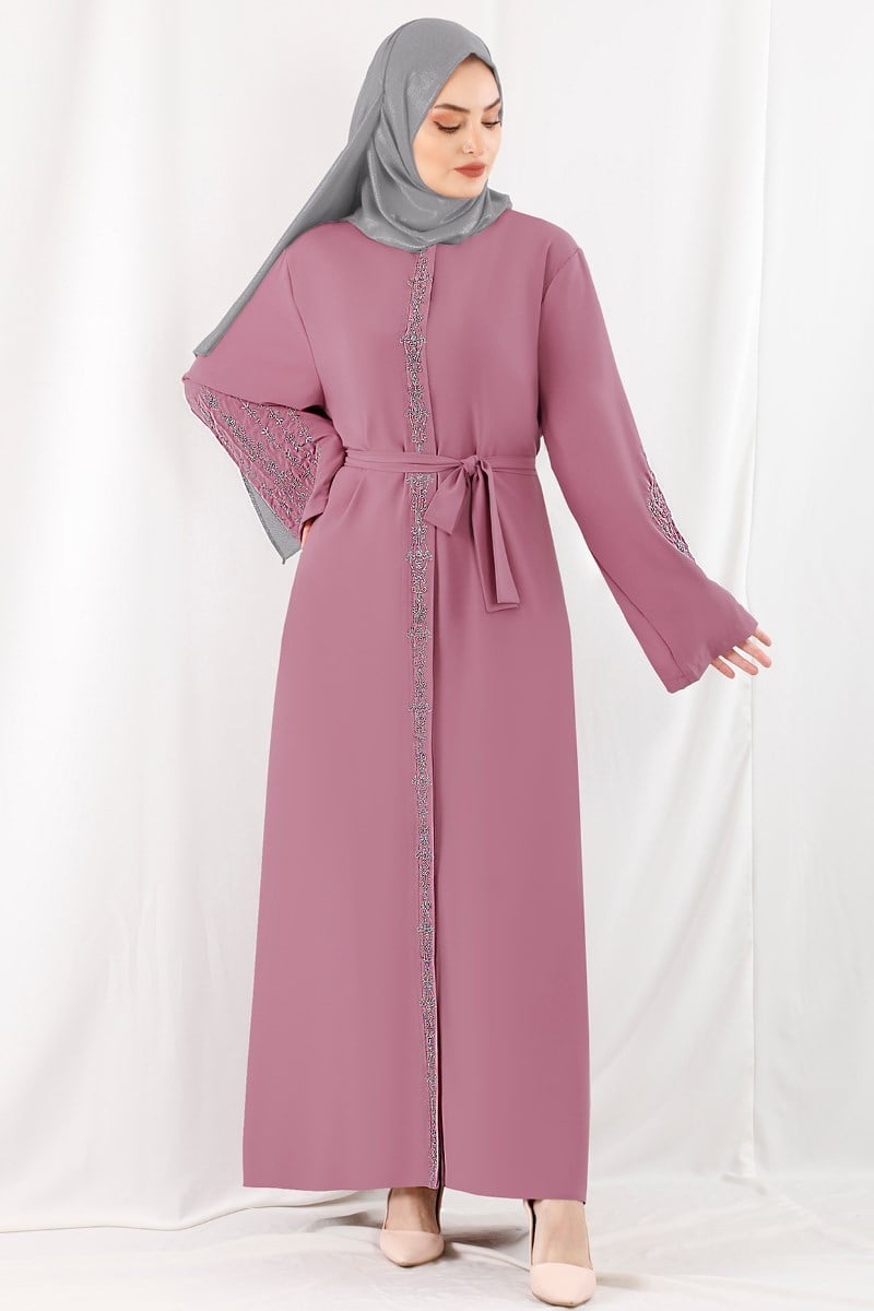 1367 Boydan İşlemeli Pudra Abaya