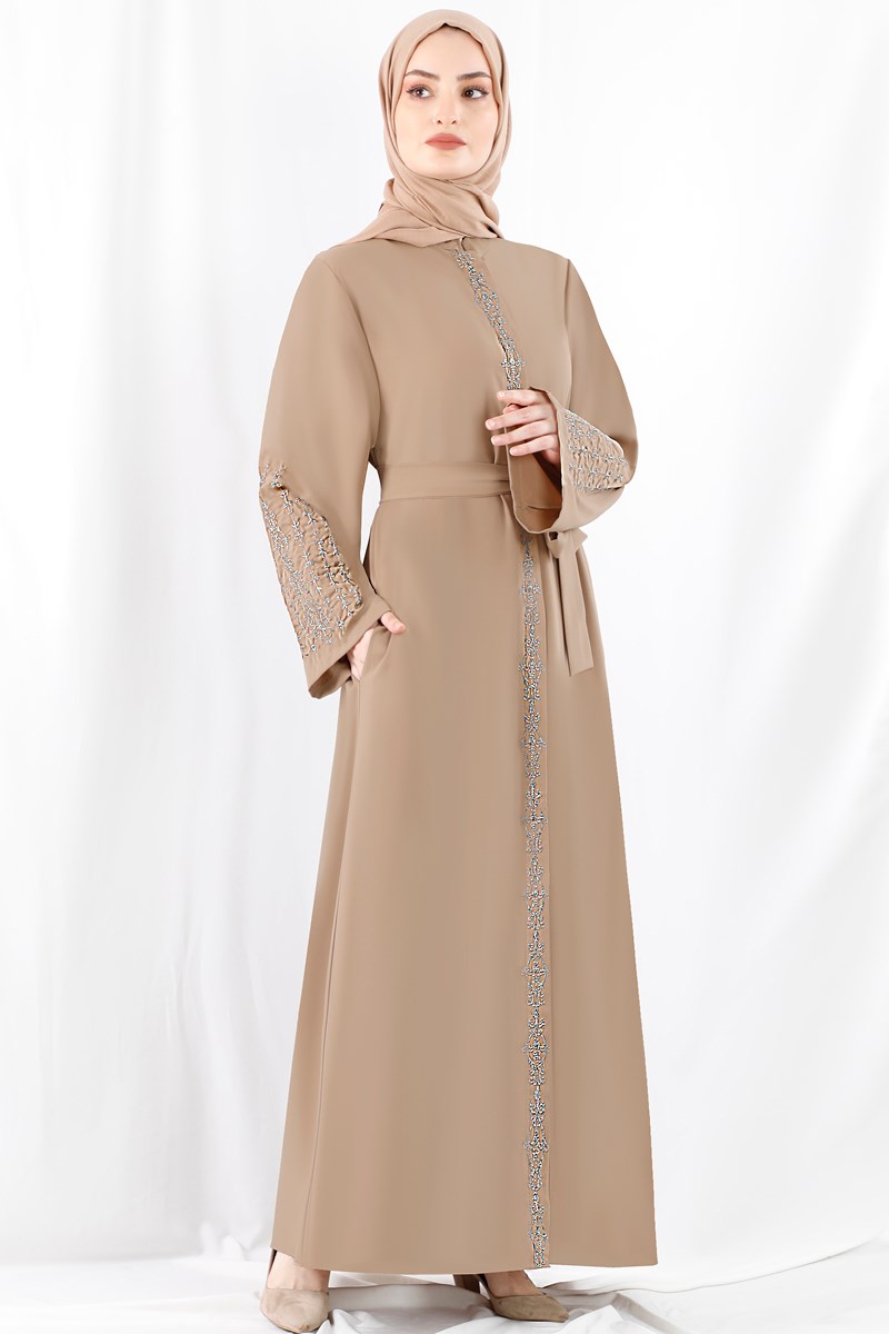 1367 Boydan İşlemeli Vizon Abaya