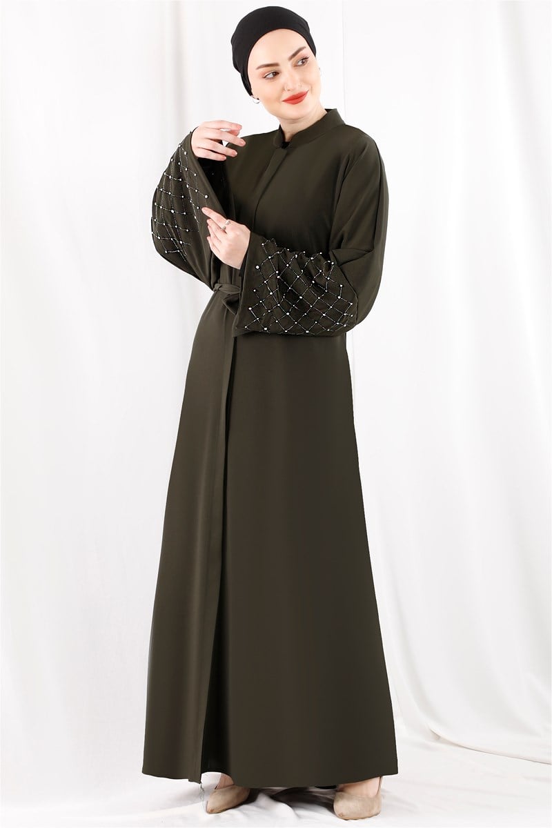 1368 Kolları Taş İşlemeli Haki Abaya