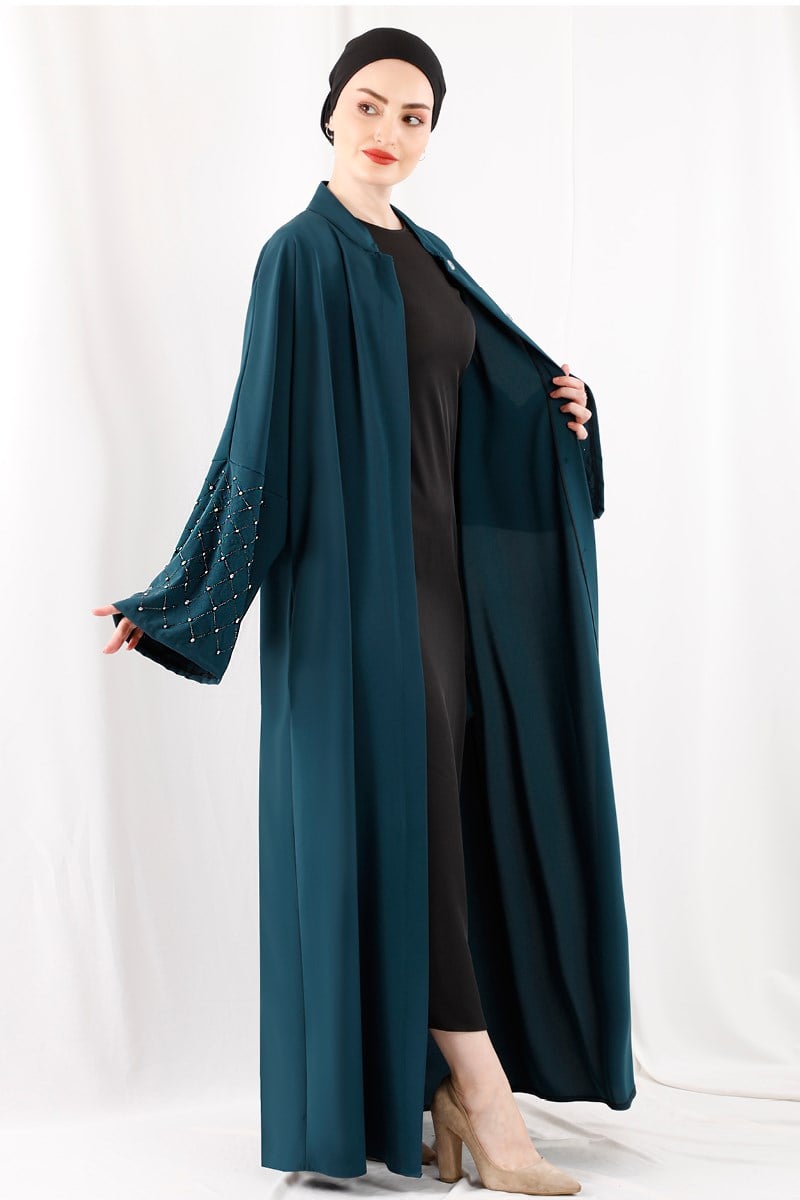 1368 Kolları Taş İşlemeli Petrol Abaya