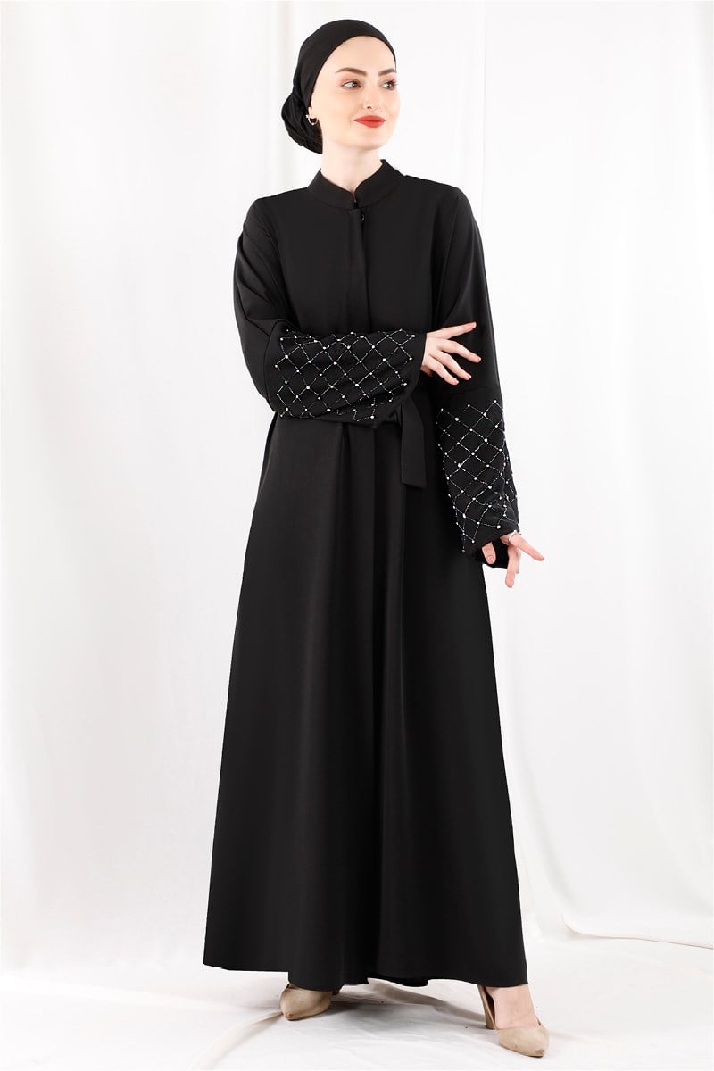 1368 Kolları Taş İşlemeli Siyah Abaya